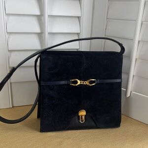 Vintage Risqué Faux Navy Suede Simulated Leather Shoulder Bag w/ Gold Hardware